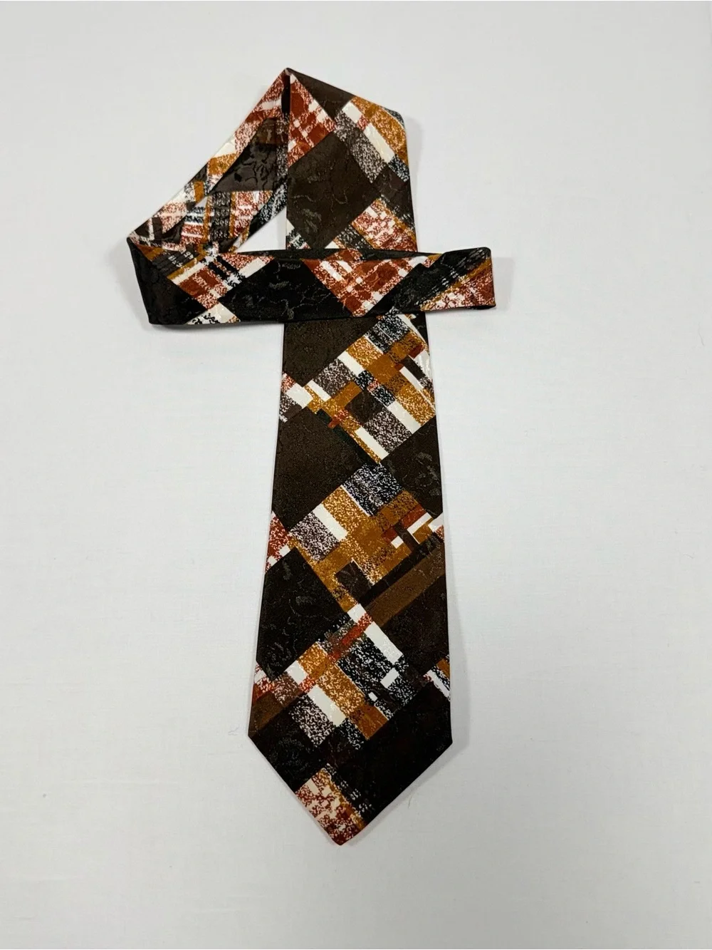 Vintage 70s Florence Silk Abstract Geometric Brown Gold‎ Silk Necktie